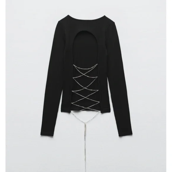 Zara Rhinestone Seamless Black T-shirt - Picture 5 of 6